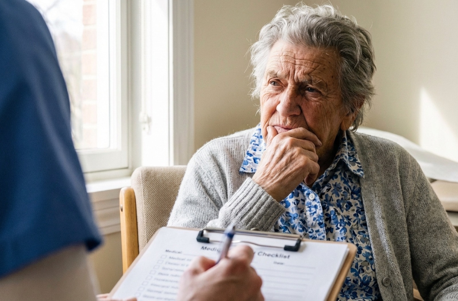 Senior adult concentrating deeply while speaking with a healthcare professional holding a clipboard during a cognitive assessment.