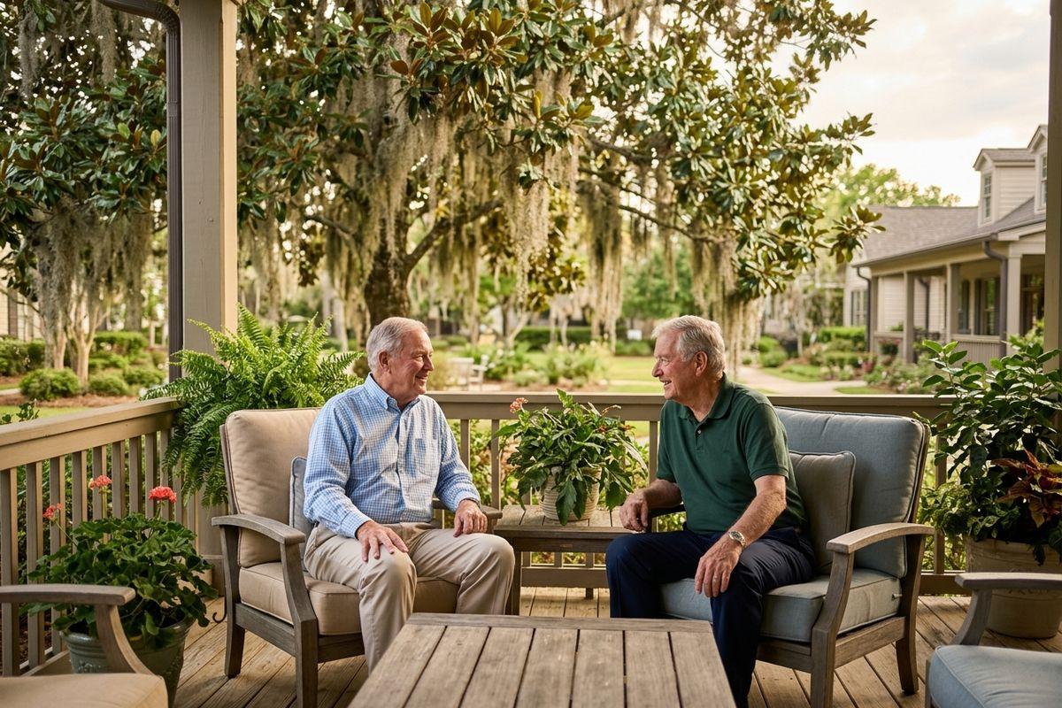 Two older adults sit in cushioned chairs on a porch, smiling and talking, surrounded by plants and trees.