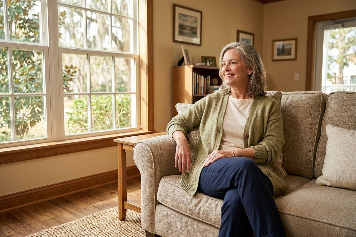 Older adult in green cardigan sits smiling on a beige sofa by a large window in a sunlit living room.