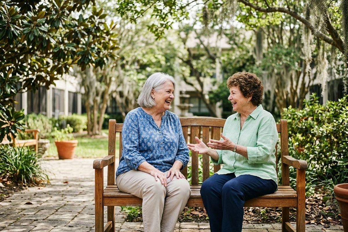 Two seniors sit on a wooden bench in a garden, laughing and talking together among trees and plants.