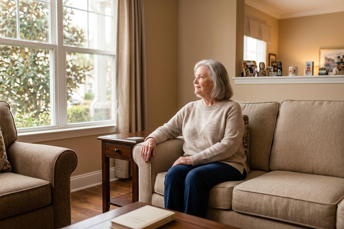 A senior with gray hair sits on a beige sofa, looking out a window in a living room.