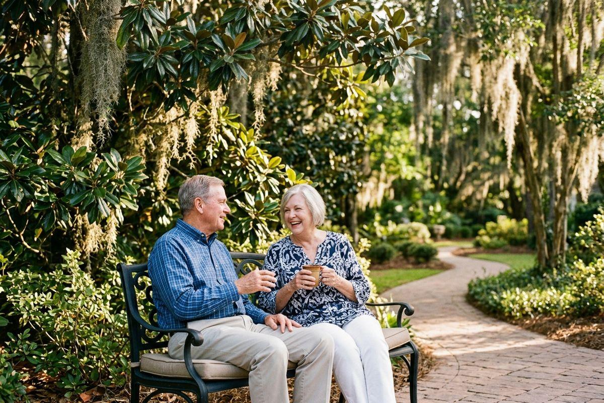 Two older adults sit laughing together on a garden bench, one holding a cup, surrounded by trees with hanging moss in the garden of their senior living community.