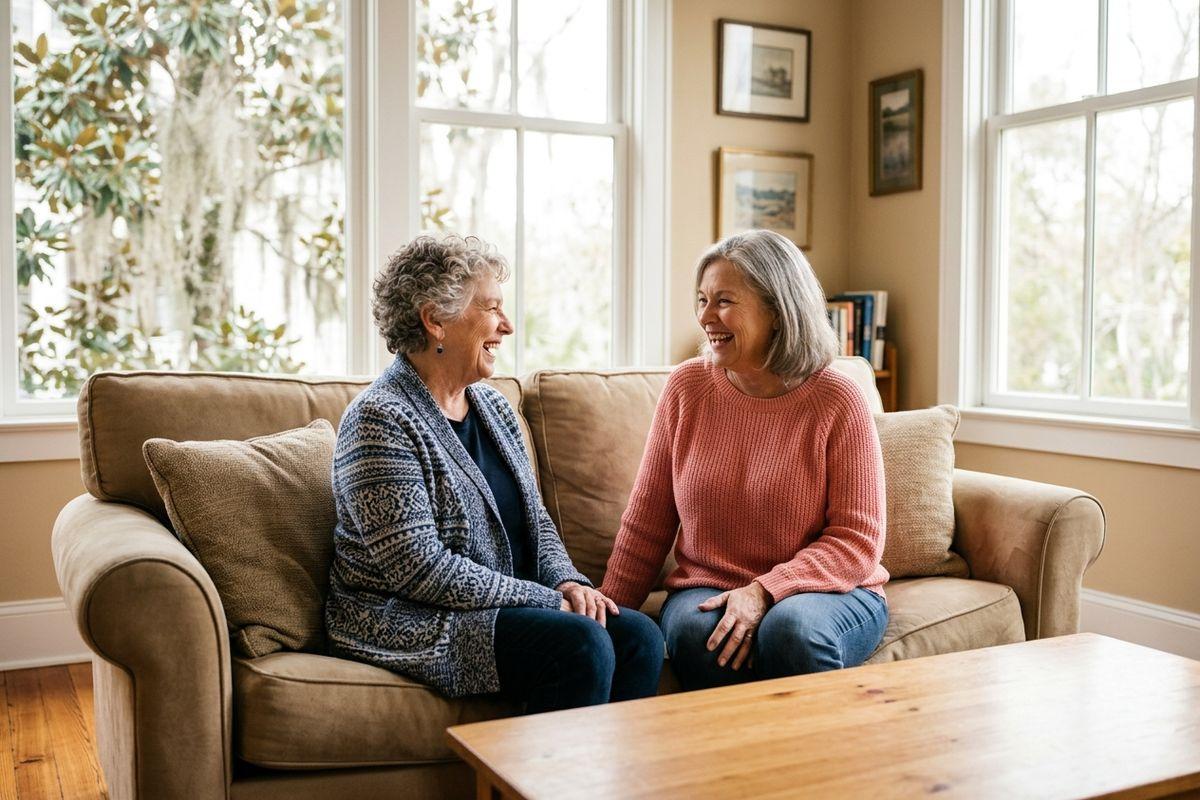 Two older adults sitting on a beige sofa, laughing together in a sunlit living room with large windows in an apartment in an assisted living community.