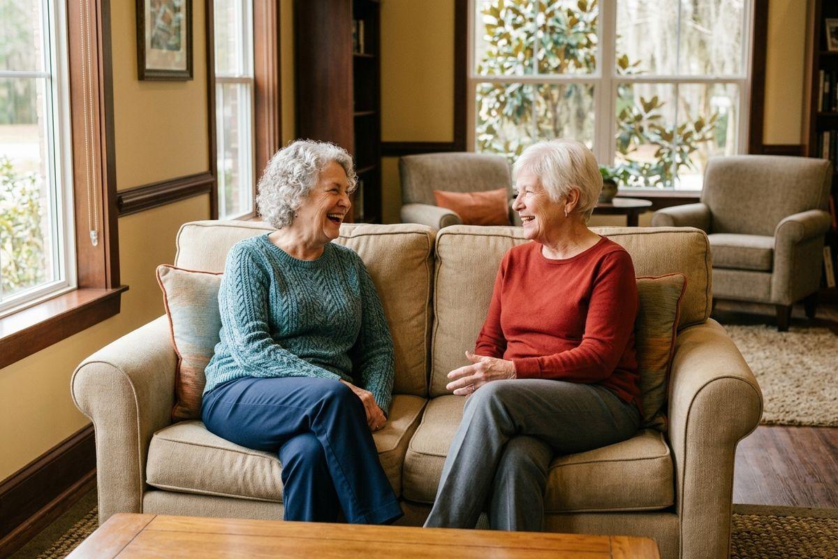 Two older adults sitting on a couch, laughing together in a bright living room during a conversation after a class in their senior living community.