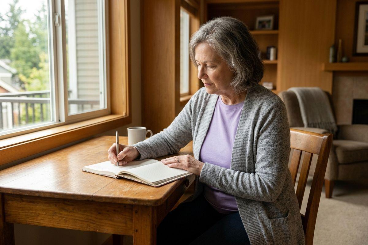 An older adult writing in a notebook at a wooden table by a window, with a coffee mug nearby, enjoying a peaceful afternoon at their new home in senior living.