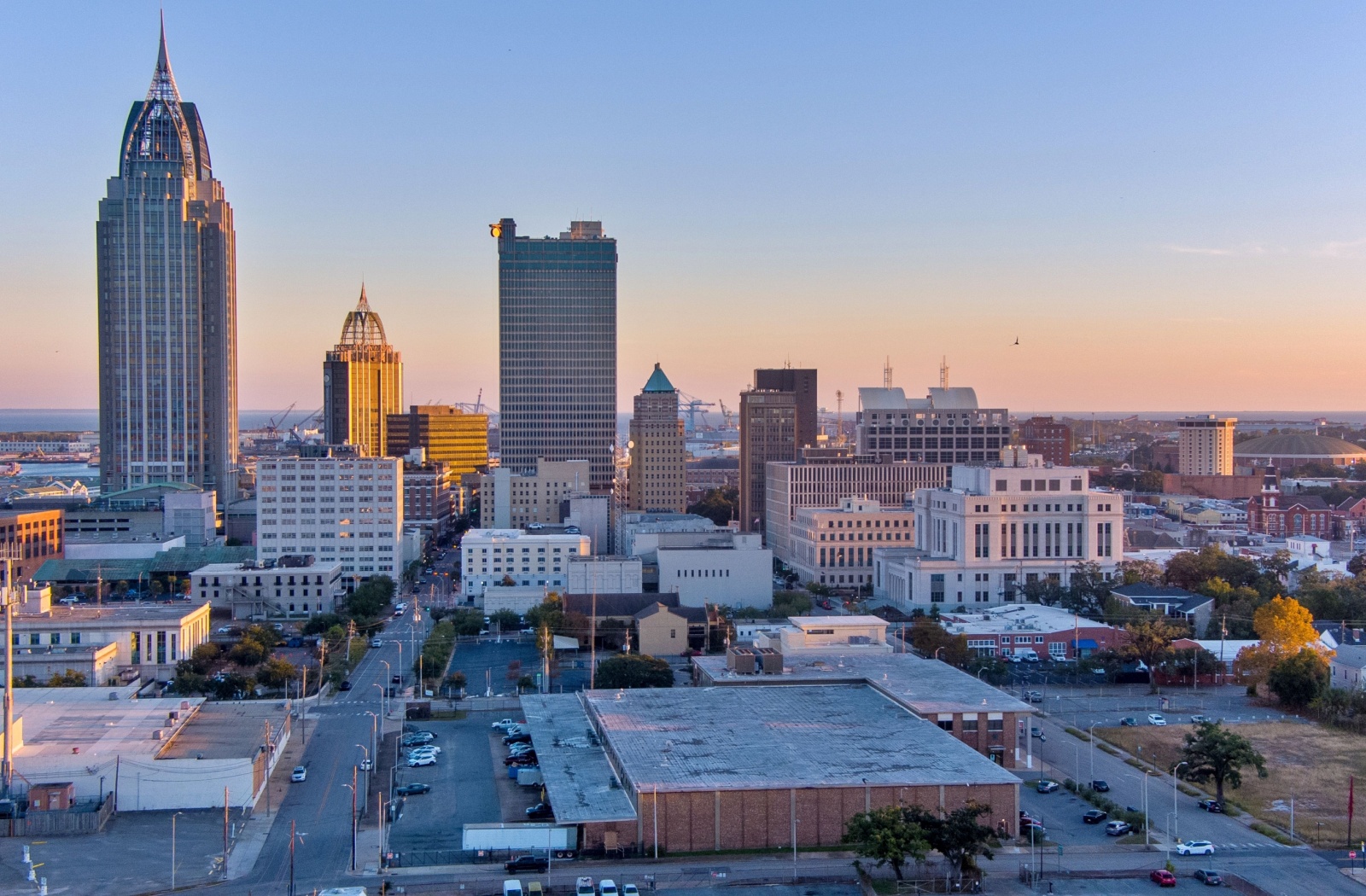 The Mobile, AL skyline at sunset